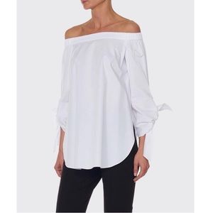 Tibi White Satin Poplin Off the Shoulder Tunic Top